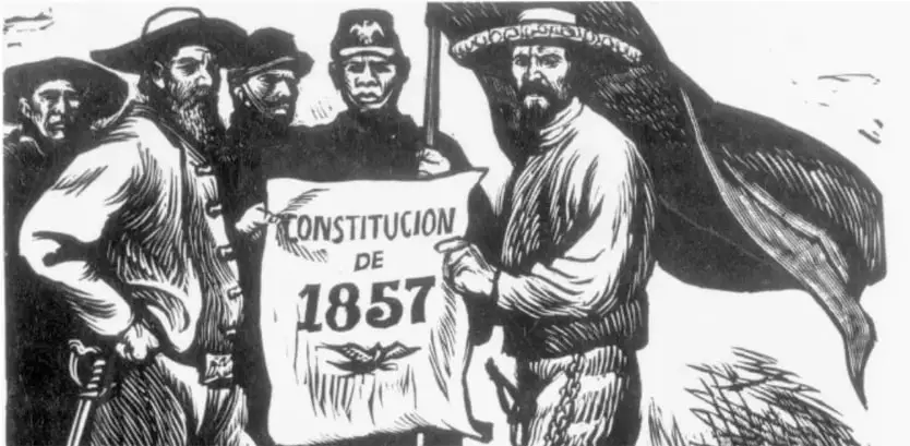Grabado en blanco y negro con varios personajes: campesinos con sombrero, un militar y figuras populares que sostienen un documento con la leyenda "CONSTITUCIÓN DE 1857". Representa el respaldo popular al nuevo orden constitucional.
