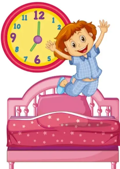 Ilustración de un niño despierto y sonriente junto a un reloj despertador grande y una cama, relacionada con el caso de Pedro que se desveló.