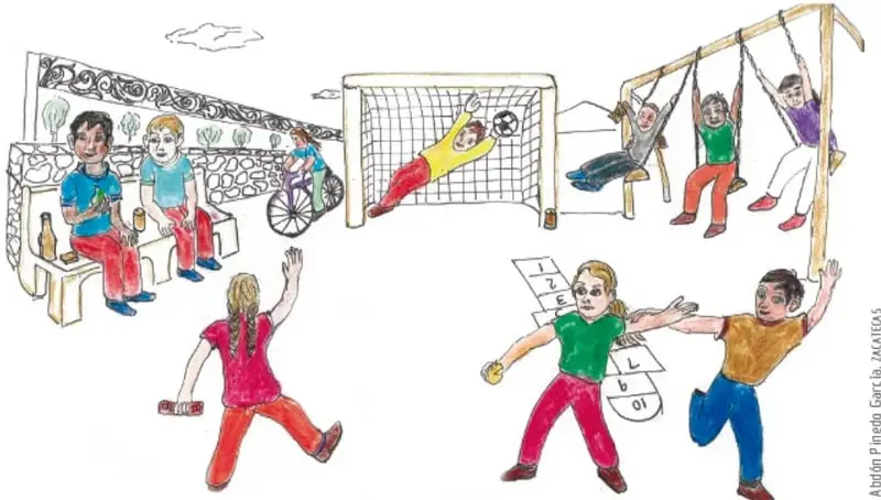 Ilustración de un patio de recreo escolar: un portero salvando un balón en una portería, niños columpiándose, una niña jugando a las esquivas/rayuela, dos niños jugando con las manos, un niño en silla de ruedas y dos niños sentados en una banca con una bebida embotellada. Crédito: Aladir Pinedo García, JACITOS.