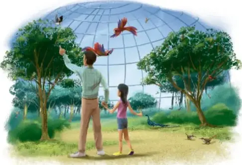 Ilustración de un adulto y una niña observando aves en un paisaje con árboles y una cúpula geodésica.