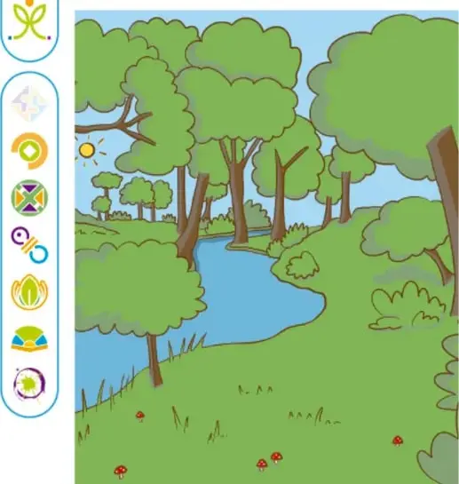 Ilustración de un bosque frondoso con árboles verdes, un río azul, un sol y pequeñas flores rojas en el pasto. Crédito: Mara Natalia Edisa Juárez Ramírez, Ciudad de México.