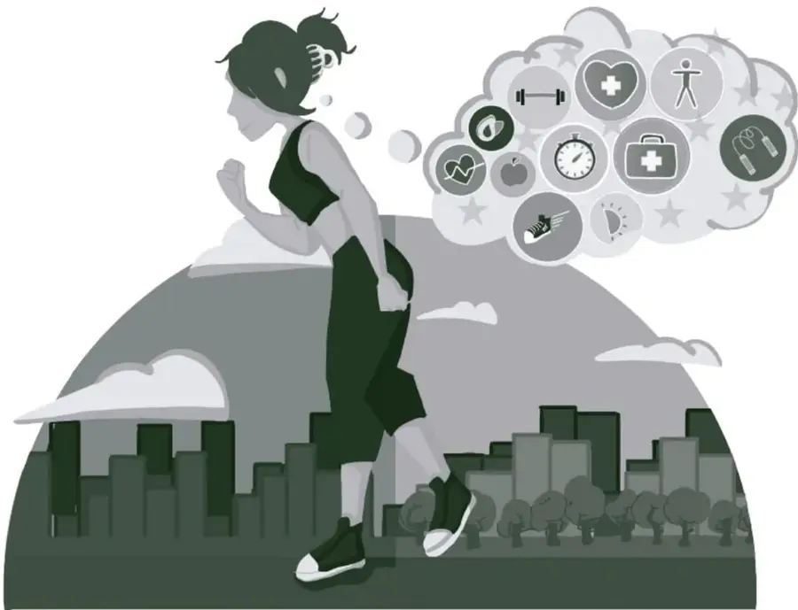 Ilustración de una mujer corriendo frente a una ciudad, con una nube de íconos sobre hábitos saludables: mancuerna, corazón con cruz, figura estirándose, reloj, botiquín, manzana, zapatilla, entre otros.