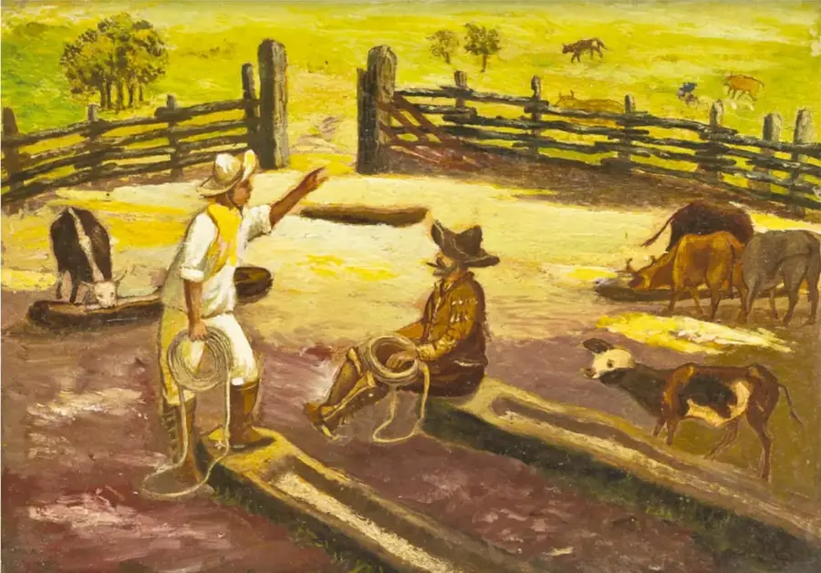 Reproducción del cuadro En (Alvarado Ver.) nadie nos dio trabajo, no éramos pescadores (s.f.) de Ramón Cano Manilla: dos hombres con sombrero y lazo en un corral de madera con ganado vacuno, en un paisaje de campo abierto.