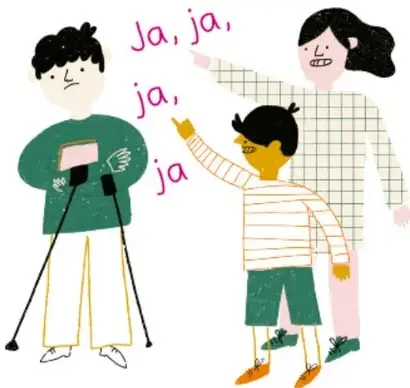 Ilustración de tres niños: uno con muletillas siendo burlado por dos compañeros que se ríen y dicen "Ja, ja, ja, ja".