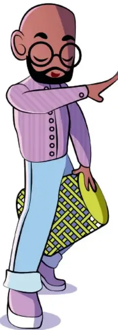 Ilustración de un hombre con lentes, barba y ropa morada que señala hacia la derecha; sostiene una bolsa amarilla con diseño de cuadros verdes. Al pie dice: Esperanza Mendoza Bravo, PUEBLA.