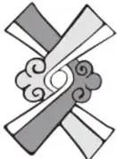 Ícono decorativo con forma de cruz y cintas entrelazadas, alusivo al tema religioso.