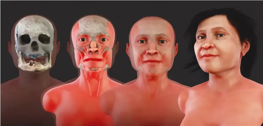 Secuencia de cuatro imágenes de reconstrucción facial forense a partir de un cráneo: primero el cráneo fósil, luego la adición progresiva de músculos y piel, hasta el rostro final con rasgos indígenas y cabello oscuro, de una persona de la México prehistórico.