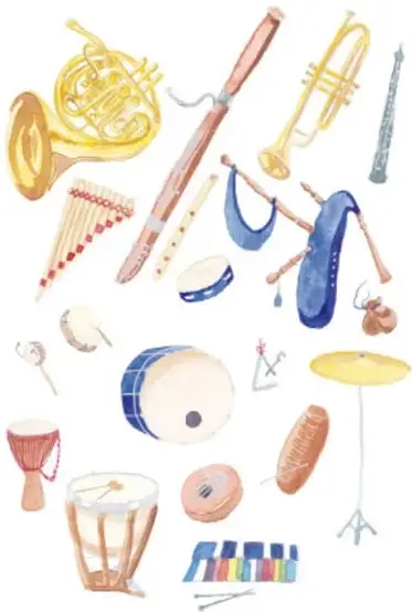 Grupo de instrumentos de aliento y percusión ilustrados: trompa, flauta, trompeta, clarinete, armónica, didgeridu, tambor, djembé, cajón, xilófono, maracas, platillos y güiro.