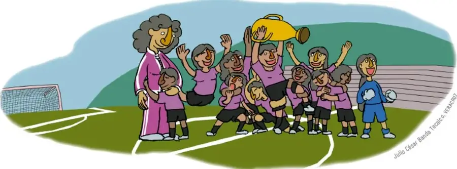 Ilustración de una entrenadora y un grupo de niñas de uniforme morado que celebran levantando un trofeo amarillo en una cancha de fútbol; a un lado, un niño con balón las observa. Alude a la igualdad de género en el deporte.