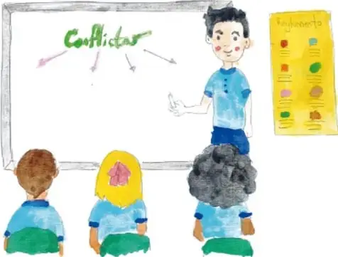 Ilustración de un salón de clases: un estudiante señala un pizarrón con la palabra 'Conflicto' y flechas, mientras tres compañeros sentados lo observan. A un lado hay un cartel con normas de convivencia.