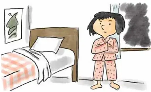 Ilustración de una niña con pijama de lunares rosados, de pie junto a una cama, mirando hacia una ventana con cielo oscuro.