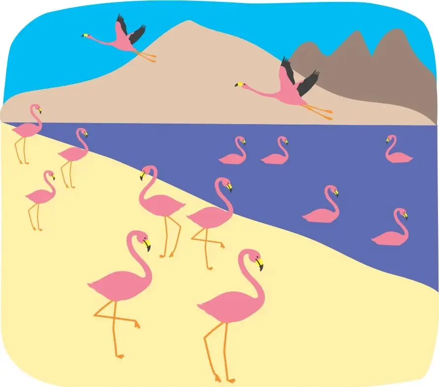 Paisaje con cielo celeste, cerros, una laguna azul y una playa de arena amarilla. Hay 2 flamencos volando, 5 flamencos dentro del agua de la laguna y 6 flamencos parados en la orilla, todos rosados con patas y picos de color claro.