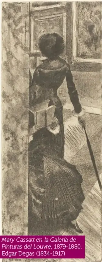 Grabado de Edgar Degas: Mary Cassatt de espaldas, con vestido oscuro y sombrero, contemplando los cuadros de la Galería de Pinturas del Louvre, apoyada en un bastón (1879-1880).