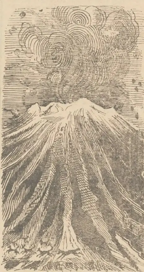 Grabado de un volcán en erupción con una gran columna de humo y ceniza, laderas con grietas y personas huyendo al pie.