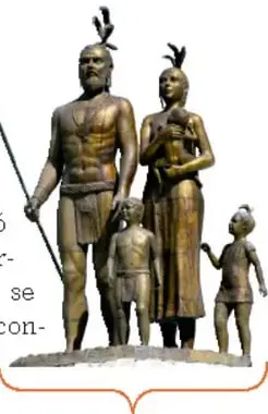 Escultura de bronce de una familia maya: un hombre con lanza, una mujer y dos niños. Al pie dice: "Gonzalo Guerrero y la primera familia mestiza".