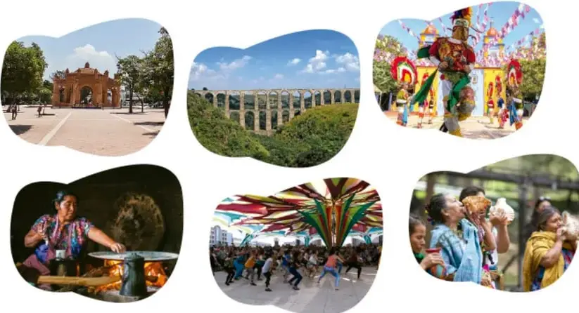 Collage de seis fotografías en formas orgánicas que muestran: una plaza o portada histórica de un pueblo, un acueducto o acueductos de piedra, una danza o desfile con trajes coloridos y penachos, una persona preparando comida tradicional en comal, una danza comunitaria con banderines, y personas comiendo juntas al aire libre; representan la diversidad cultural y el sentido de pertenencia.