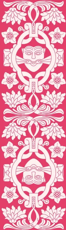 Franja vertical color rosa con un patrón decorativo simétrico de inspiración prehispánica: flores, roleos y dos rostros humanos estilizados enmarcados en óvalos, propios del arte popular mexicano.