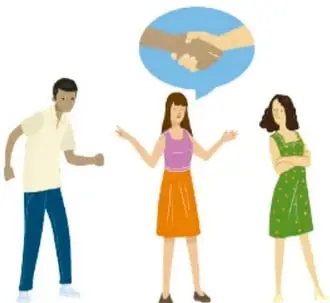 Ilustración de tres personas conversando: un hombre y una mujer enfrentados y una mediadora en el centro; en un globo de diálogo se ve un apretón de manos, símbolo de acuerdo. Crédito: Ángel Campos Frías, CIUDAD DE MÉXICO.