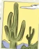 Ilustración de un paisaje desértico con cactus y montañas.