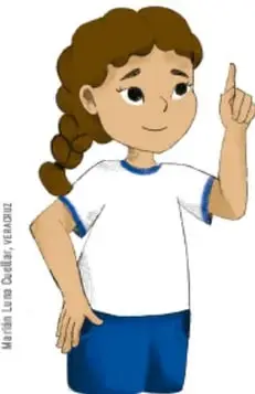 Ilustración de una niña con trenza que levanta el índice, como si diera una indicación.