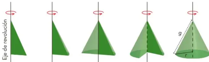 Cinco etapas del giro de un triángulo rectángulo verde alrededor de un cateto vertical hasta formar un cono, con las etiquetas r (radio), h (altura) y g (generatriz).