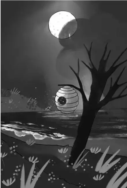 Ilustración en blanco y negro de una noche con luna llena, un árbol y un panal de abejas iluminado.