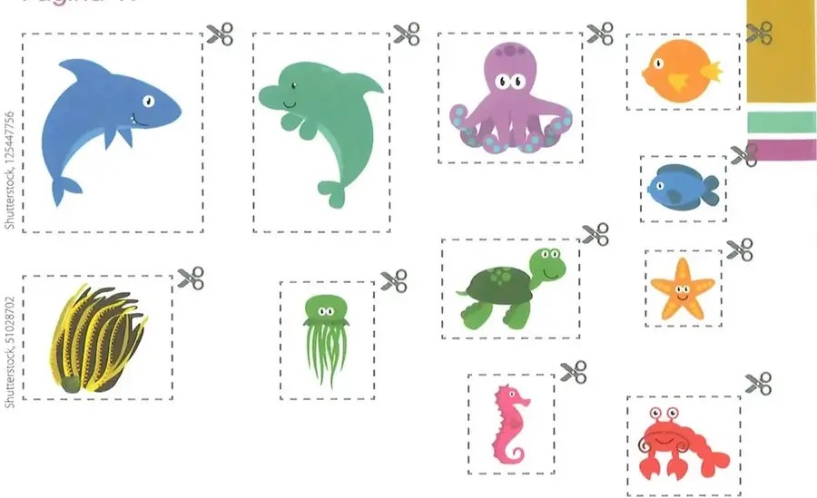 Conjunto de figuras recortables de animales marinos: tiburón, delfín, pulpo, pez naranja, pez azul, erizo de mar, medusa, tortuga, caballito de mar y cangrejo.