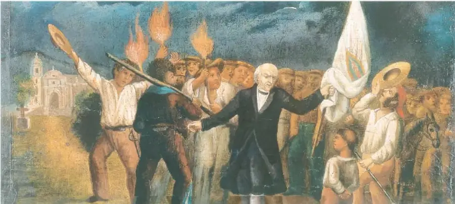 Pintura histórica que muestra a un grupo de personas, entre ellas niños y adultos, con antorchas y una bandera, acompañando a un personaje de traje oscuro (posiblemente Morelos) durante la lucha insurgente.