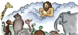 Ilustración ampliada de Júpiter con los animales reunidos bajo las nubes.