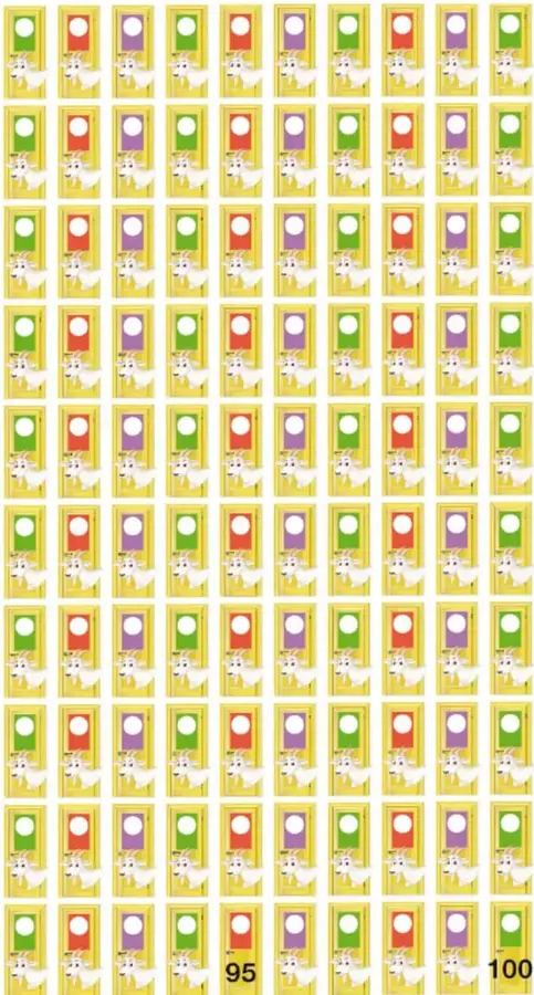 Cuadrícula de 100 puertas amarillas con marcos de colores (verde, rojo, morado) y una cabra blanca al pie de cada una; en la fila inferior están numeradas la puerta 95 y la puerta 100.