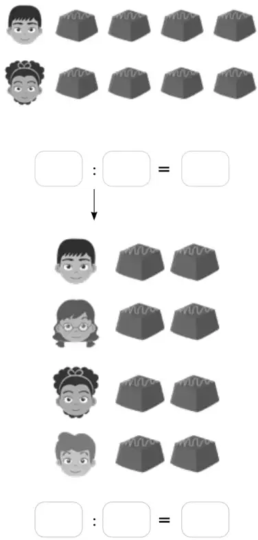 Dos niños con 8 chocolates y su reparto en 4 grupos de 2.