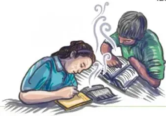 Ilustración de dos niños leyendo y escribiendo, uno de ellos con un libro abierto.