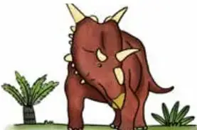 Ilustración de un Triceratops marrón con cuernos junto a plantas prehistóricas.