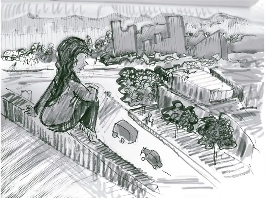 Ilustración en blanco y negro estilo carboncillo: una persona joven sentada de espaldas sobre una barda o barandal, mirando una ciudad con edificios, árboles y calles por donde circulan vehículos pequeños. Crédito lateral: «Claudia Lucía Bautista Parra, Justo».