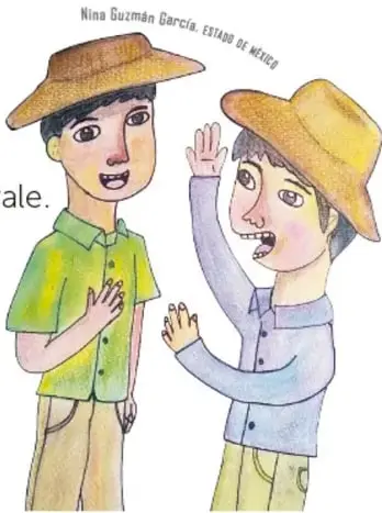 Dibujo de la escena del encuentro: los dos niños me'phàà (sombreros de palma) conversan y uno saluda con la mano, frente al niño que llegó con gorra.