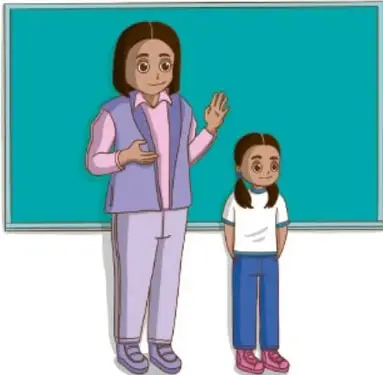 Ilustración de una maestra y una niña frente a un pizarrón verde; la maestra saluda.
