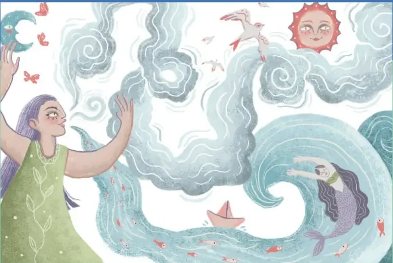 Ilustración infantil: una niña con vestido verde alcanza nubes espirales; una sirena nada en una gran ola con peces rojos y un barco de papel; sol y luna con rostro, mariposas y aves.
