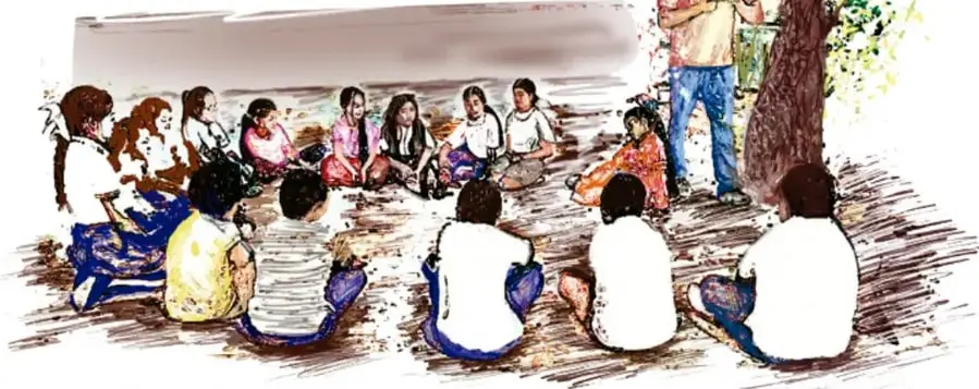 Ilustración de una asamblea escolar al aire libre: un docente de pie con un libro y estudiantes sentados en círculo bajo un árbol.