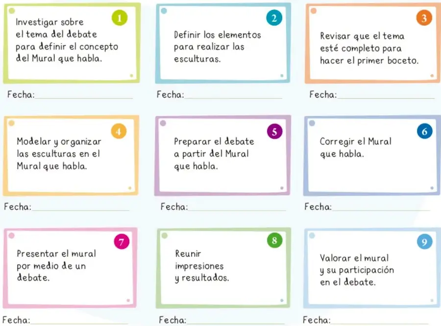 Planificador con 9 tarjetas numeradas que describen actividades para un proyecto de mural y debate.