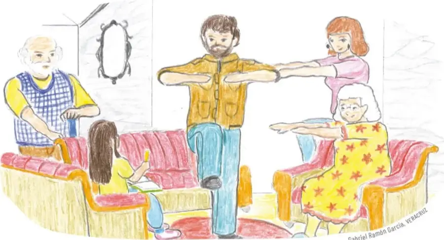 Dibujo de una familia en la sala: el abuelo y la niña sentados, un hombre haciendo equilibrio sobre una pierna con los brazos extendidos, una mujer y la abuela también con los brazos extendidos, practicando juegos y equilibrios en casa. Crédito: Gabriel Ramón García, Veracruz.