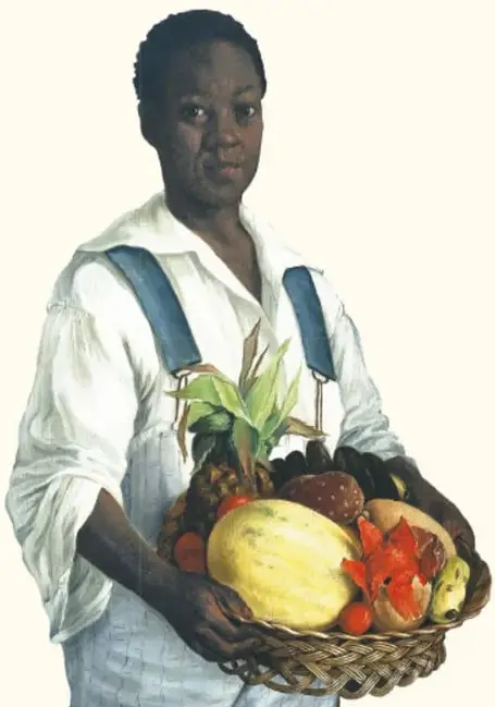 Pintura de un hombre afro-mexicano con camisa blanca y tirantes azules, sosteniendo una canasta tejida con frutas y verduras (sandía, jitomates, plátanos, mazorca).