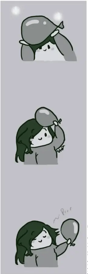 Ilustración de una niña con cabello largo sosteniendo un globo, con expresión de calma y bienestar. Aparece en tres viñetas que muestran diferentes momentos: primero con el globo sobre su cabeza, luego abrazándolo y finalmente sosteniéndolo con una sonrisa. Al final se lee 'Pum'.