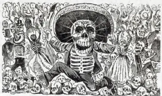Grabado de una gran calavera sonriente con sombrero de charro rodeada de una multitud de calaveras.