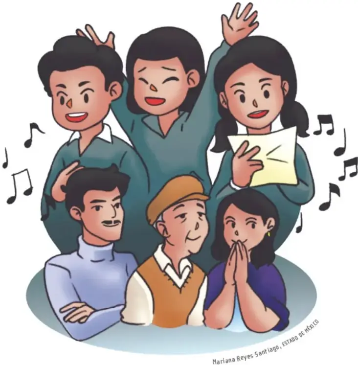 Ilustración de un grupo de niños y adultos (familias) cantando juntos con expresiones alegres; una niña sostiene una hoja con la canción y flotan notas musicales alrededor. Crédito: Mariana Reyes Santiago, Estado de Hidalgo.