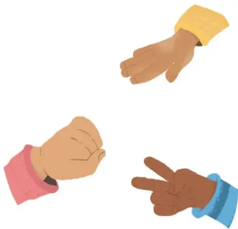 Tres manos ilustradas jugando piedra, papel o tijeras: mano abierta con manga amarilla (papel), puño con manga rosa (piedra) y dedos en tijeras con manga azul. Crédito: Cristián Rafael Sánchez Domínguez, Hidalgo.