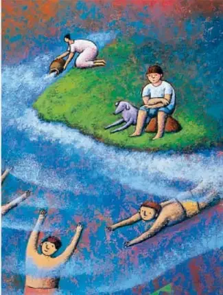 Ilustración de niños bañándose en un río con un perro y jóvenes en la orilla del agua.