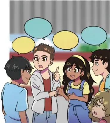 Ilustración de estudiantes de telesecundaria platicando en grupos con globos de diálogo vacíos; crédito: Estrella Sarai Mata Medina, Tamaulipas.