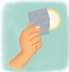 Ilustración de una mano sosteniendo un preservativo (condón) en su funda; crédito: María José Salas González, Jalisco.