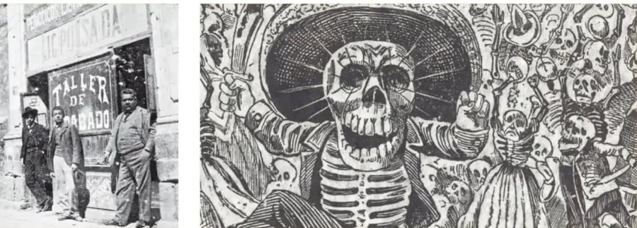 Fotografía antigua en blanco y negro de tres hombres frente al «Taller de Grabado» de José Guadalupe Posada; se lee un letrero con las letras «...IC PÓSADA».