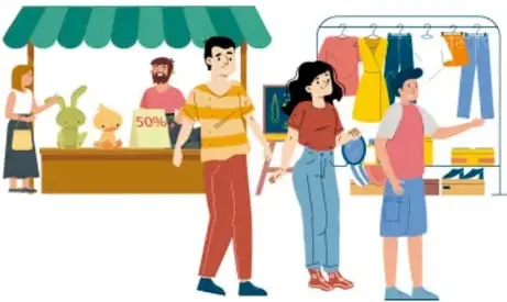 Carlos y su familia comprando en el mercado de su comunidad con puestos de frutas y ropa.